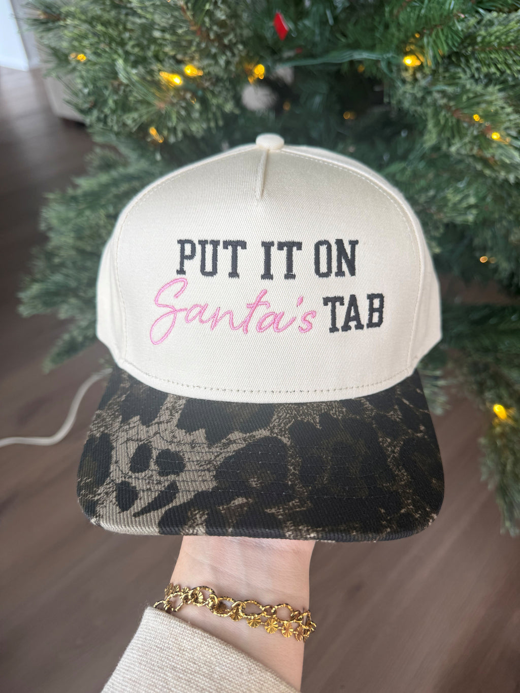 "Put It On Santa's Tab" Canvas Cheetah Hat