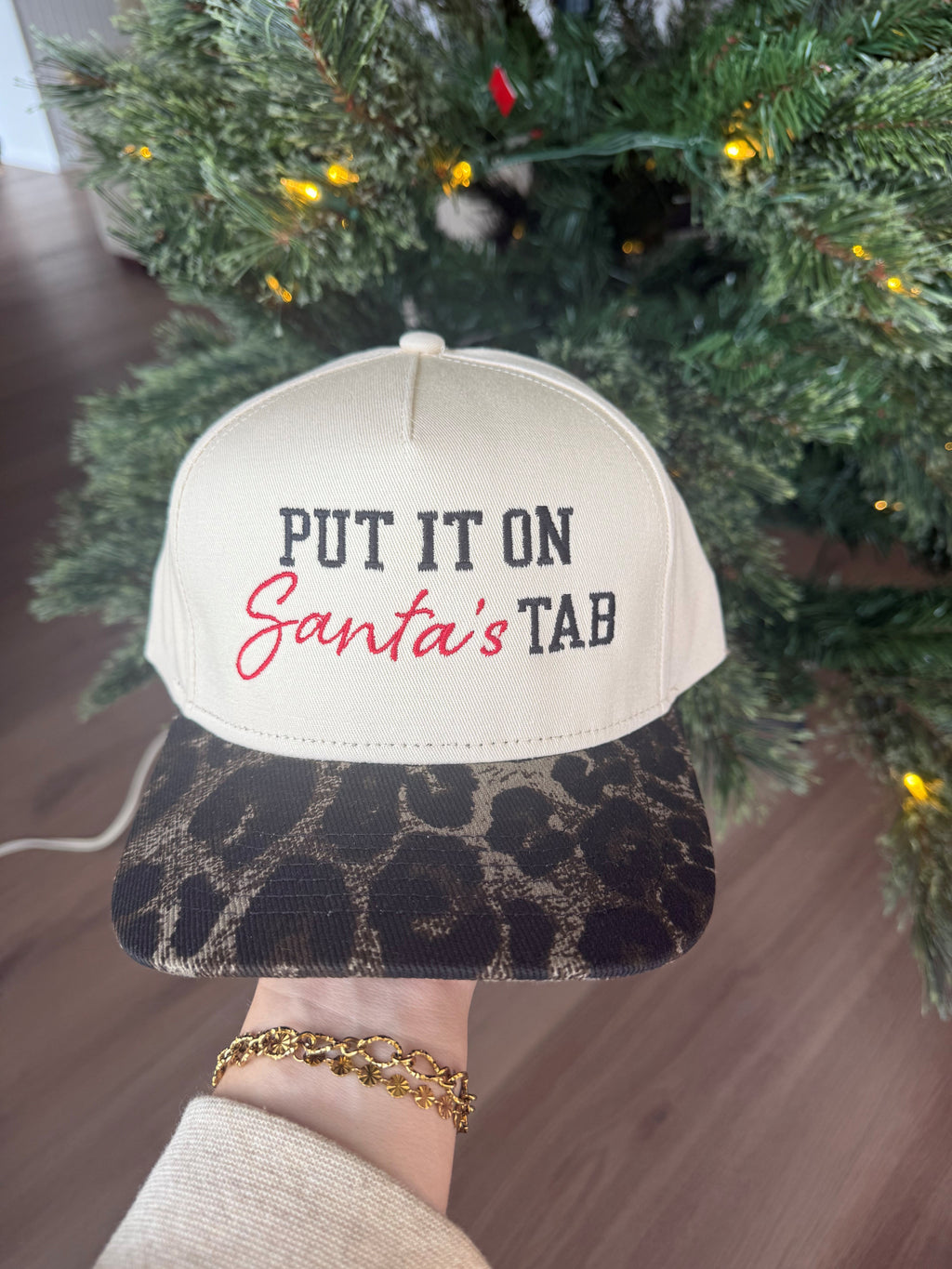 "Put It On Santa's Tab" Canvas Cheetah Hat